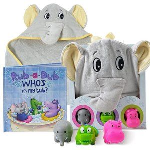Rub-a-Dub Gift Set, 5-Piece Bath Set Includes Elephant Hooded Towel, 3 JungleToy
